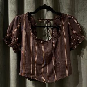 Brown Striped Puff Sleeve Top